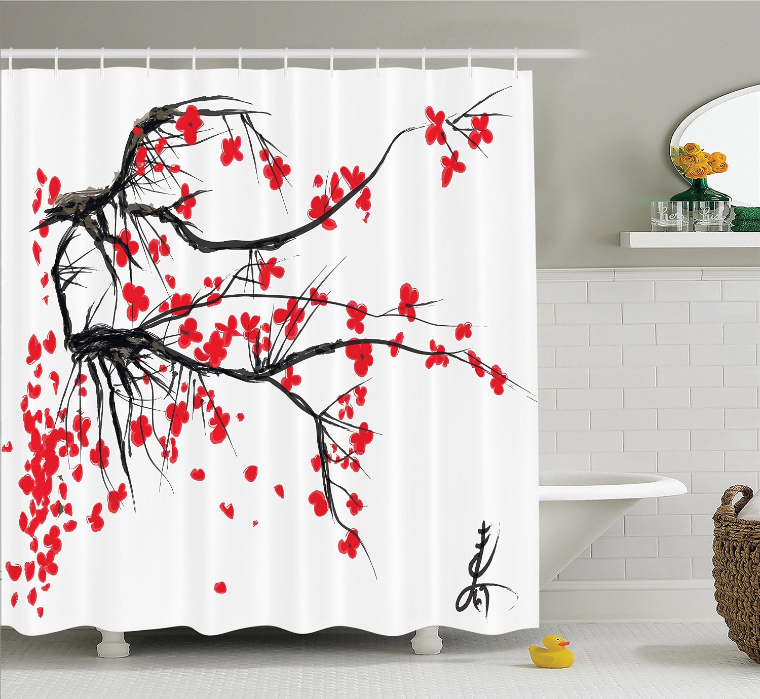 top rated red japanese cherry blossom shower curtains