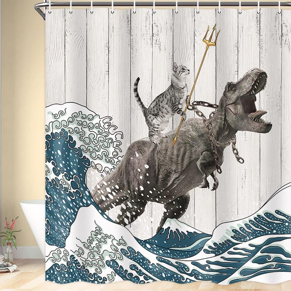 Boziqr Funny Cat Shower Curtain, Cool Cat Dinosaur Japanese Ocean Wave Decor Fabric Bathroom Curtains, Kids Children Rustic Wooden Farmhouse Shower Curtain, 70X70 Inches