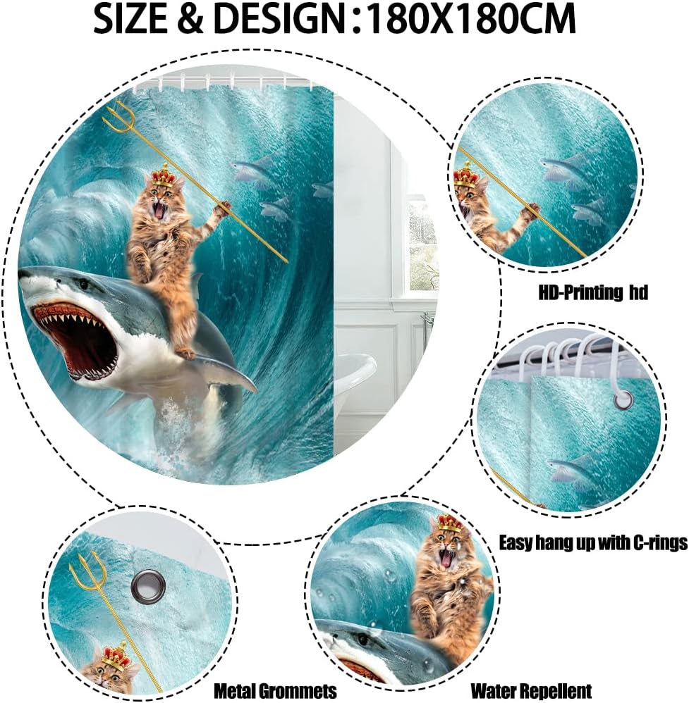 CYREKUD 72 x 72 Funny Cat Shower Curtain Cat Riding Shark Ocean Wave Bathroom Set Fun Animal Nautical Home Bath Bathtub Decor Durable Fabric Machine Washable with 12 Hooks