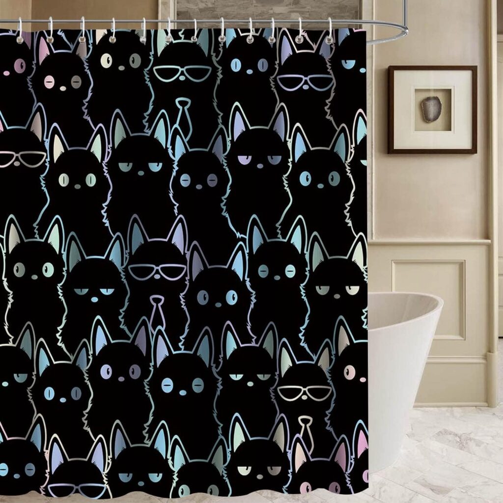APROPHIC Funny Cat Shower Curtain Black Cute Animals Theme Cool Kitty Shower Curtains for Bathroom Decor Waterproof Abstract Cartoon Kitten Shower Curtain Sets with 12 Hooks 72x72