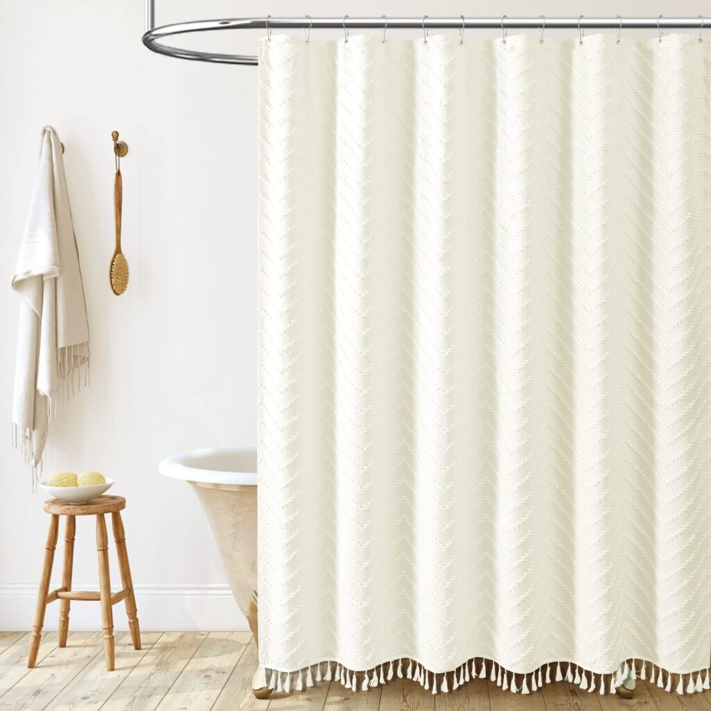 Dynamene Extra Long Shower Curtains, 84 Inches Long Boho Tufted Chevron Striped Fabric Shower Curtains for Bathroom, Tall Minimalist Chic Waterproof Cloth Shower Curtain Set with Hook, Cream, 72x84