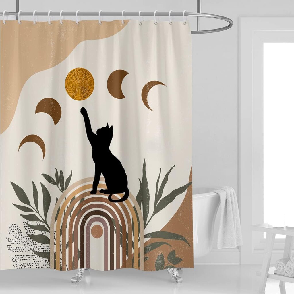 Kikiry Funny Black Cat Shower Curtain 60 W x 72 L Cute Modern Abstract Mid Century Brown Moon Terracotta Boho Moonlit Aesthetic Geometric Polyester Fabric Waterproof 12 Pack Plastic Hooks
