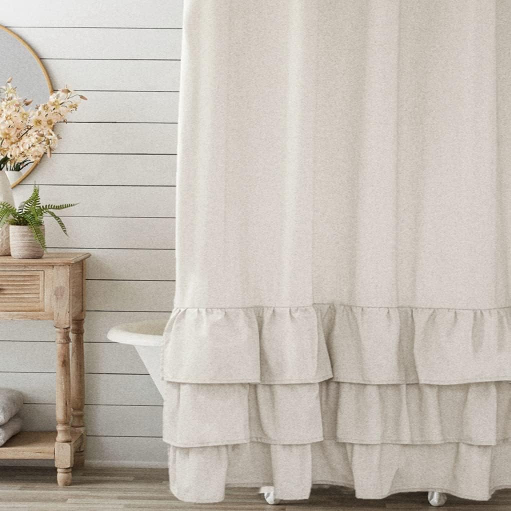 Linen Farmhouse Shower Curtain with Cascading Ruffles,Shabby Chic Cloth Fabric Shower Curtain for Bathroom,Natural,72x72