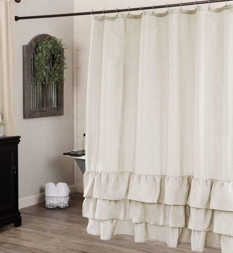 Linen Farmhouse Shower Curtain with Cascading Ruffles,Shabby Chic Cloth Fabric Shower Curtain for Bathroom,Natural,72x72