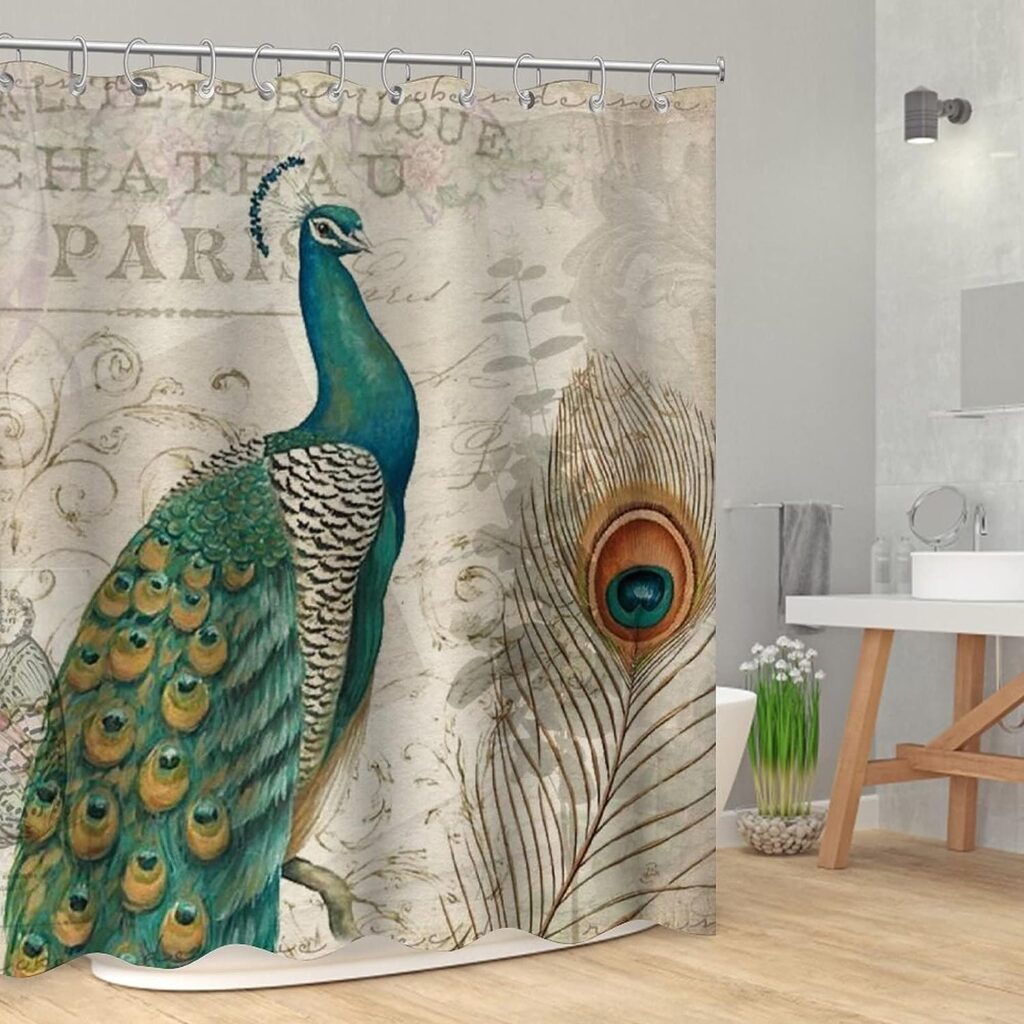 Peacock Shower Curtain for Bathroom Decor 72x78 Inch Ancient Peacock Pattern Printed Bathtub Accessories for Women Girl Waterproof Fabric with Hooks