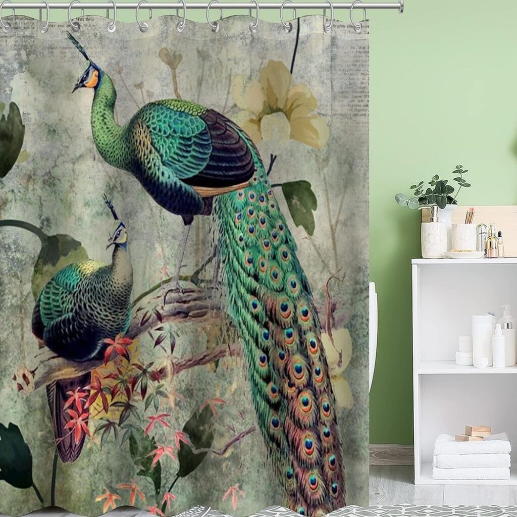 Peacock Shower Curtain for Bathroom Decor 72x90 Inch Ancient Peacock Pattern Printed Bathtub Accessories for Women Girl Waterproof Fabric with Hooks
