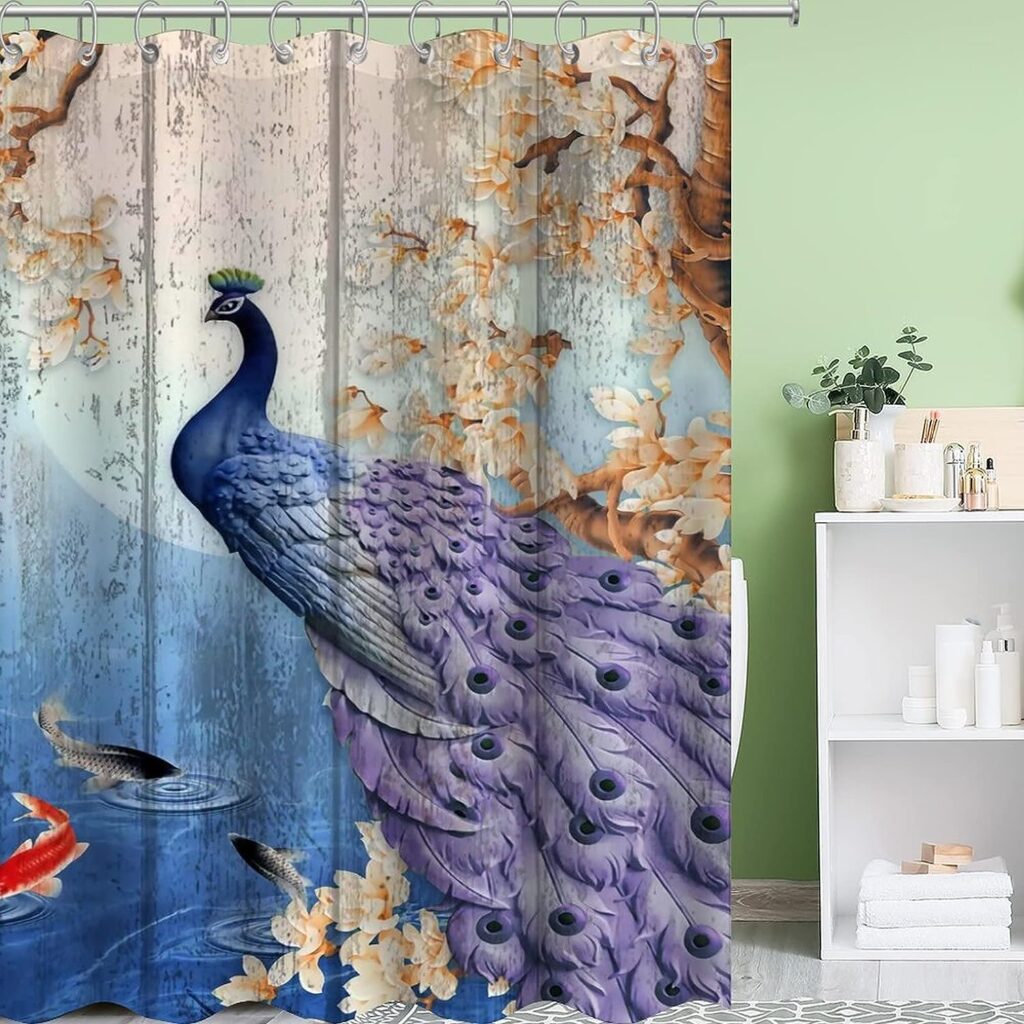 Peacock Shower Curtain for Bathroom Decor 72x90 Inch Vintage Green Blue Peacock Bird Bathtub Accessories for Women Girl Waterproof Fabric with Hooks