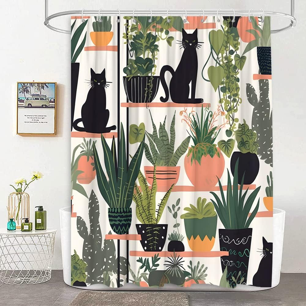 Plants And Cat Shower Curtain Black Kitty Cats Stall And Boho Potted Green Cactus Leaf Tropical Succulents Abstract Greenhouses Garden Cute Animals Polyester Fabric Bathroom Decor 70X70in with Hooks