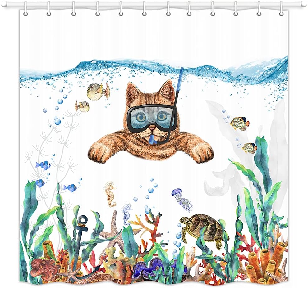 Uokiuki Funny Cat Fabric Shower Curtain, Cool Scuba Diving Cat Shower Curtain for Bathroom, Tropical Fish Coral Underwater Sea Ocean Animal Shower Curtain with Hooks 69 x 70 Inch